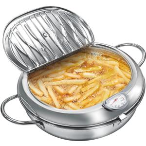 Deep Fryer Pot, 4.4Qt /11 Inch Japanese Style Small Deep Fryer 304 Stainless Steel, with Temperature Control and Oil Drip Drainer Rack, Deep Frying Pot with Lid