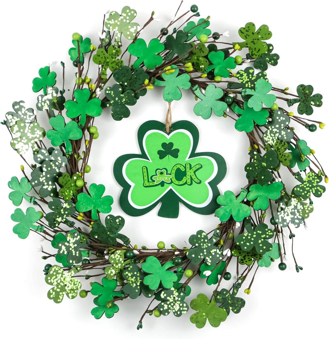 St Patricks Day Wreath with Wooden Lucky Shamrock Signs, 20 inch Shinning St Patricks Day Wreaths for Front Door Wall Window, Shamrock Decorations for Irish Holiday Party, Clover Decor