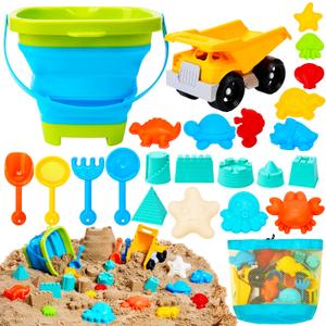 Sloosh Beach Sand Toys Set - Dump Truck Car Toy with Sand Molds for Toddlers Outdoor Play, Collapsible Foldable Buckets Mesh Bag Shovels Castle Animal Mold Sets, Kids Ages Sandbox Toys (Animals)