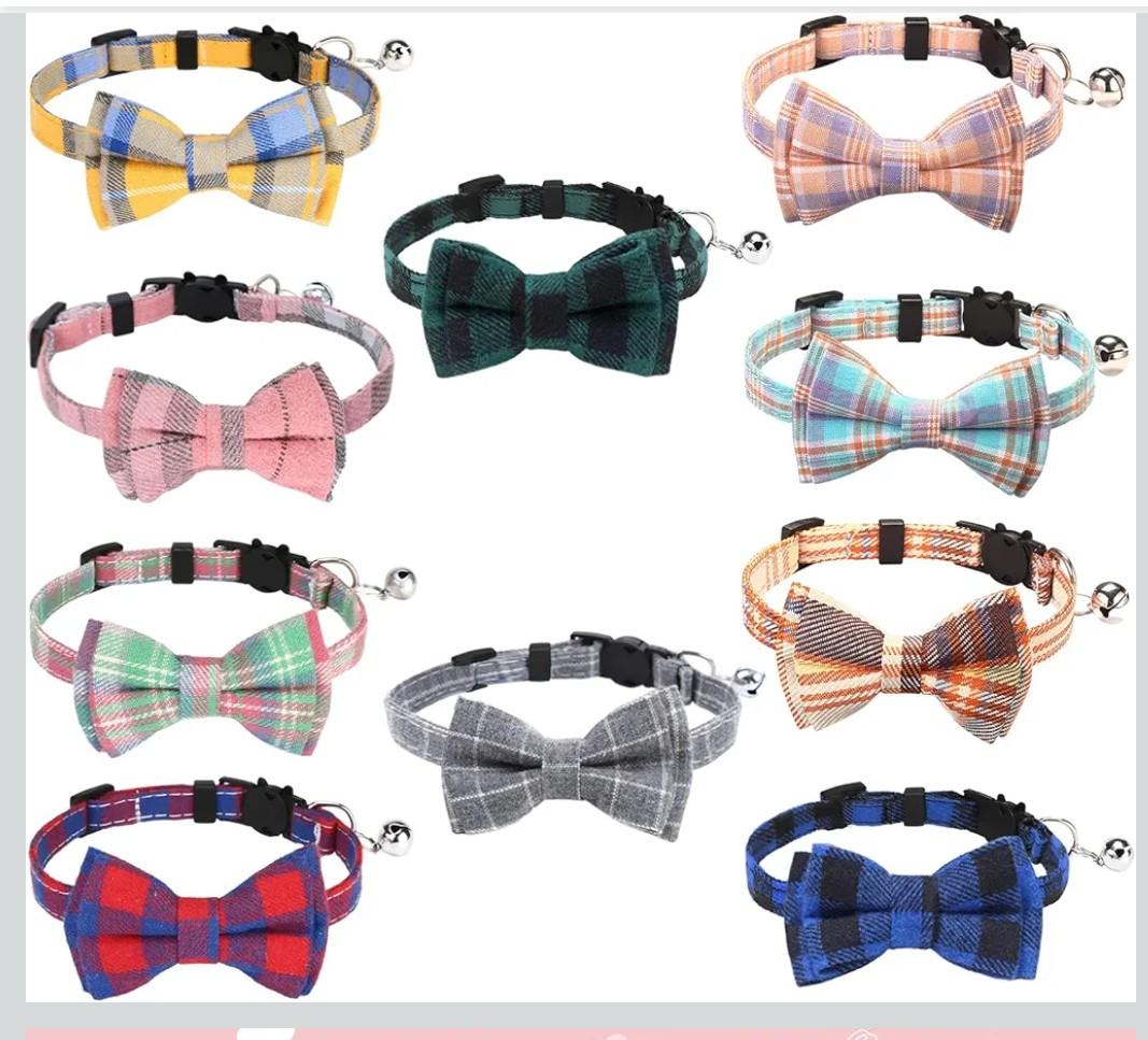 10 Pcs Cat Collar Breakaway with Bow Tie and Bell Kitten Collars Removable Bowtie Plaid Cat Collar for Cats Kittens Puppy (Classic)