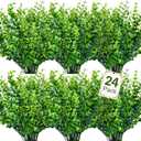 Ouddy Decor 24 Bundles Artificial Greenery Stems Fake Plants Outdoor UV Resistant Faux Plastic Boxwood for Kitchen Office Garden Porch Farmhouse Window Box Home Decor
