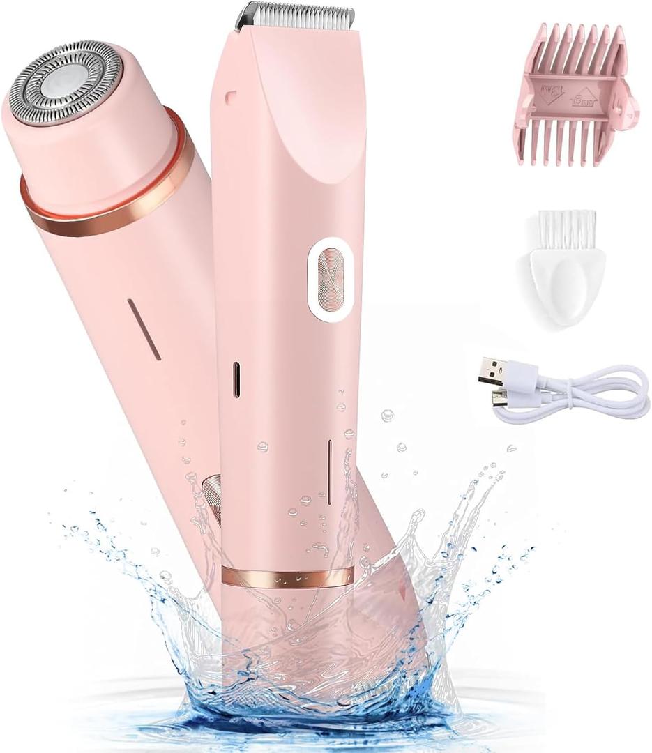Electric Shaver for Women, 2-in-1 Electric Razor for Womens Legs Underarm Face Pubic Hairs, Rechargeable Razor Body Hair Trimmer Wet & Dry Use (Pink)