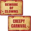 2 Pcs Halloween Clown Metal Signs Beware of Clowns and Creepy Carnival Metal Tin Signs Halloween Evil Circus Porch Sign for Carnival Party Clown Holiday Outdoor Indoor Decoration