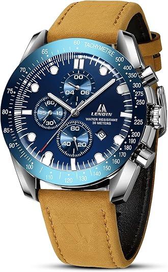LN LENQIN Mens Watches Leather Watch Analog Quartz Watch for Men Luminous Luxury Fashion Business Casual 30M Waterproof Men's Wrist Watches with Date