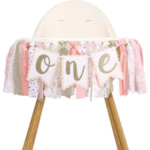 One High Chair Birthday Banner - Pink And White Party Decoration, Sweet One High Chair Banner, Floral And Butterfly Fairy Theme Fabric Garland, First Birthday Party Decoration For Photo Background