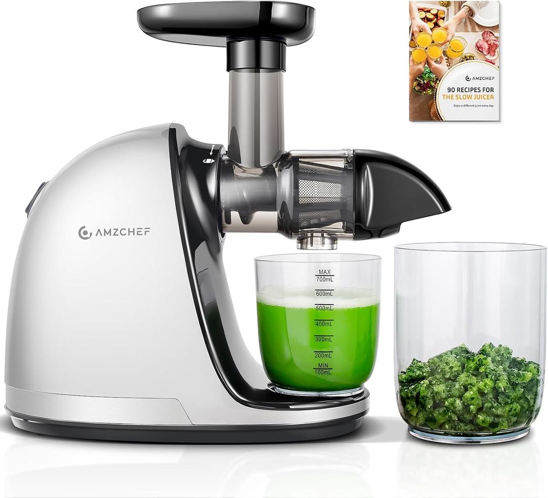 Cold PressJuicer, AMZCHEF Slow Masticating Juicer Machines with Reverse Function, High Juice Yield, Easy Clean with Brush, Recipes for High Nutrient Fruits and Vegetables, White(Updated)