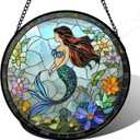 Stained Glass Window Hanging Suncatcher, 7.9 * 7.9 Round Hanging Glass Art Decor Mother's Day Birthday Gifts for Women, Decorative Sun Catcher for Window Door Garden Home Decor (Mermaid Garden)