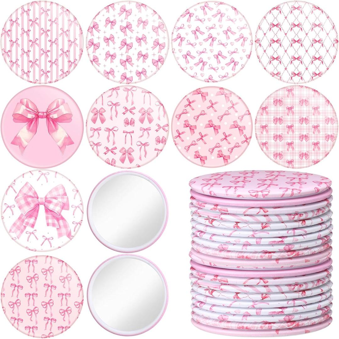 Briwooody 20 Pcs Pink Bow Coquette Compact Mirrors Bulk 2.75 Inch Round Portable Pocket Makeup Mirror Party Favors Gifts for Women Breast Cancer Awareness Bridal Shower Bachelorette Party Decor