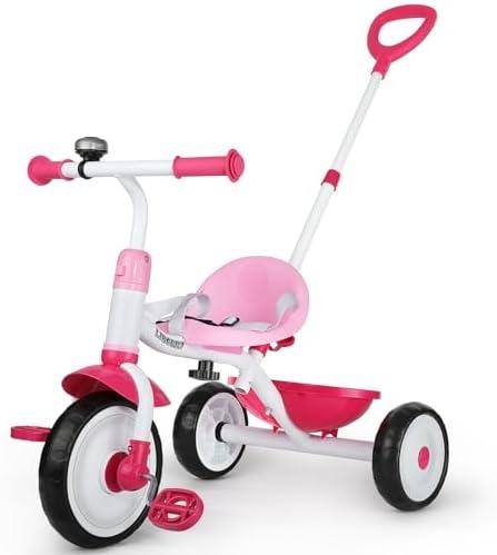 Liberry 2 in 1 Toddler Tricycle Age 2 3 4 Years Old, Kids Trike with Adjustable Push Handle, Bell & Basket, 3 Wheel Bike Riding Toy Birthday for Girls Boys, Pink