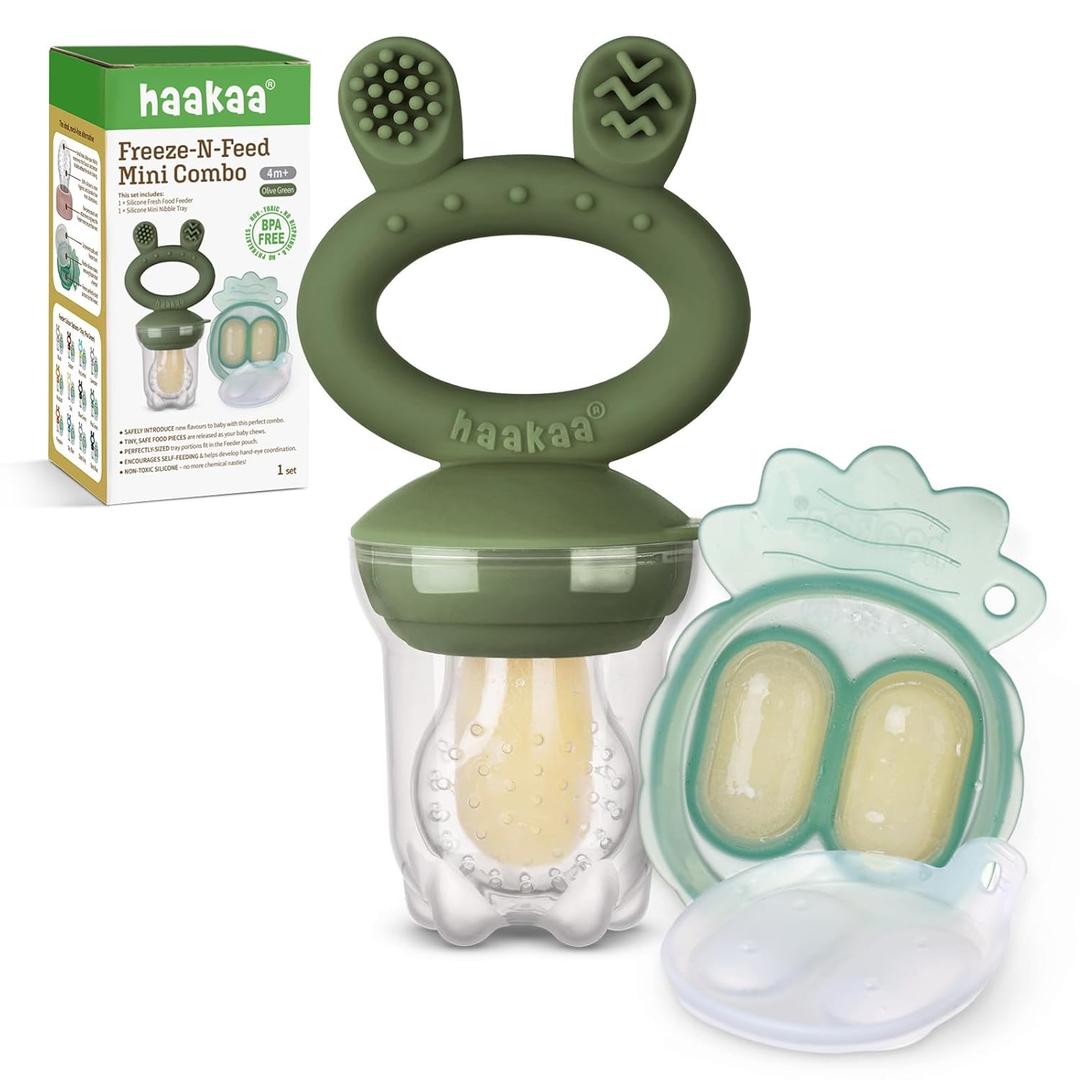 Haakaa Baby Fruit Food Feeder & Mini Freezer Nibble Tray Combo, Breastmilk Popsicle Molds for Baby Cooling Relief, BPA Free Silicone Feeder for Safe Infant Self Feeding, 4 Month+(Olive Green) (OliveGreen)