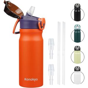Insulated Water Bottle with Straw and Carry Loop,18 oz Stainless Steel Double Wall Vaccum Metal Water Flask with Leak-proof Lid,Orange