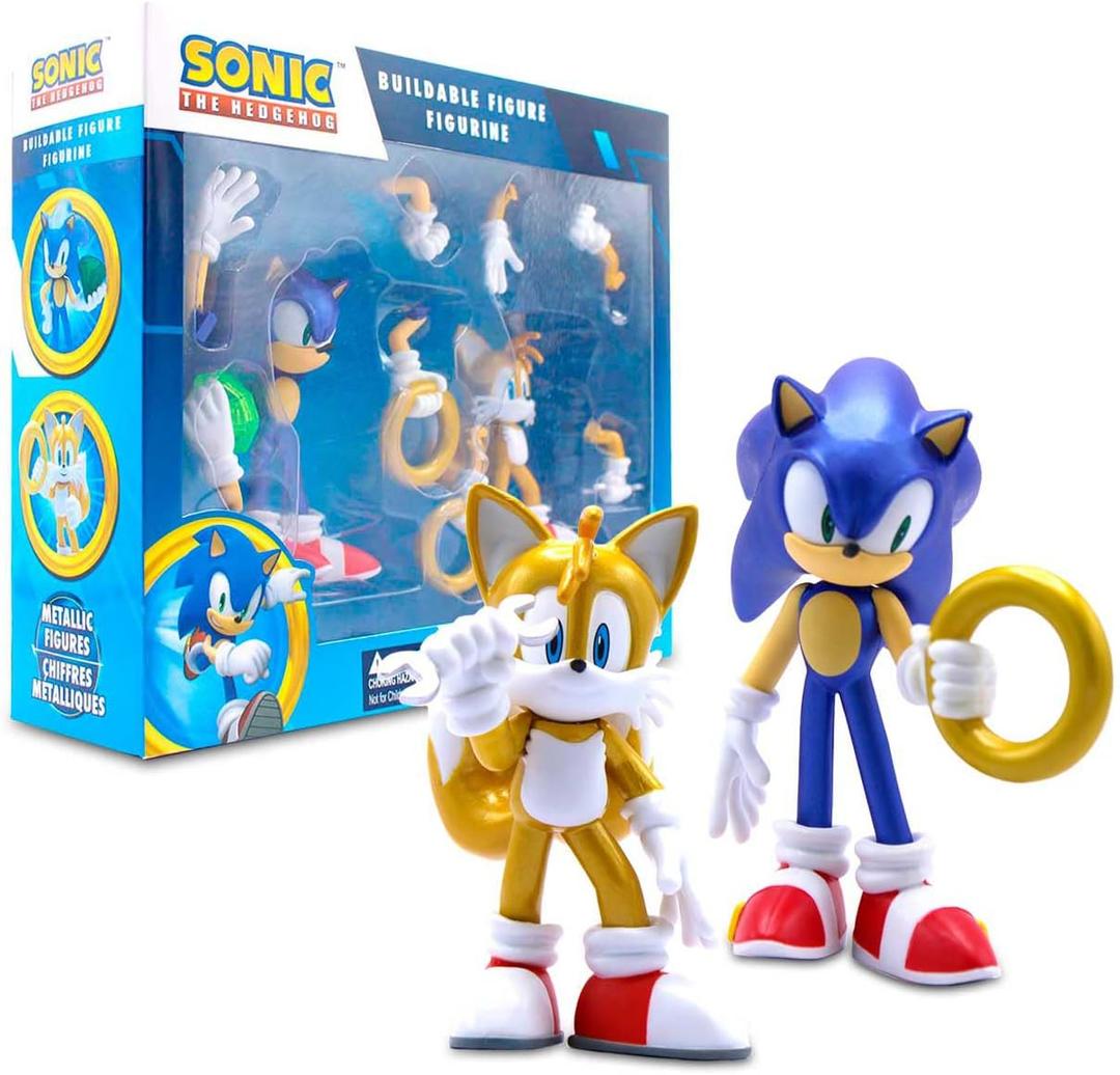 Official Sonic The Hedgehog Metallic Sonic & Tails 4 Action Figures  Buildable, Interchangeable Arms & Accessories, Collector Window Box
