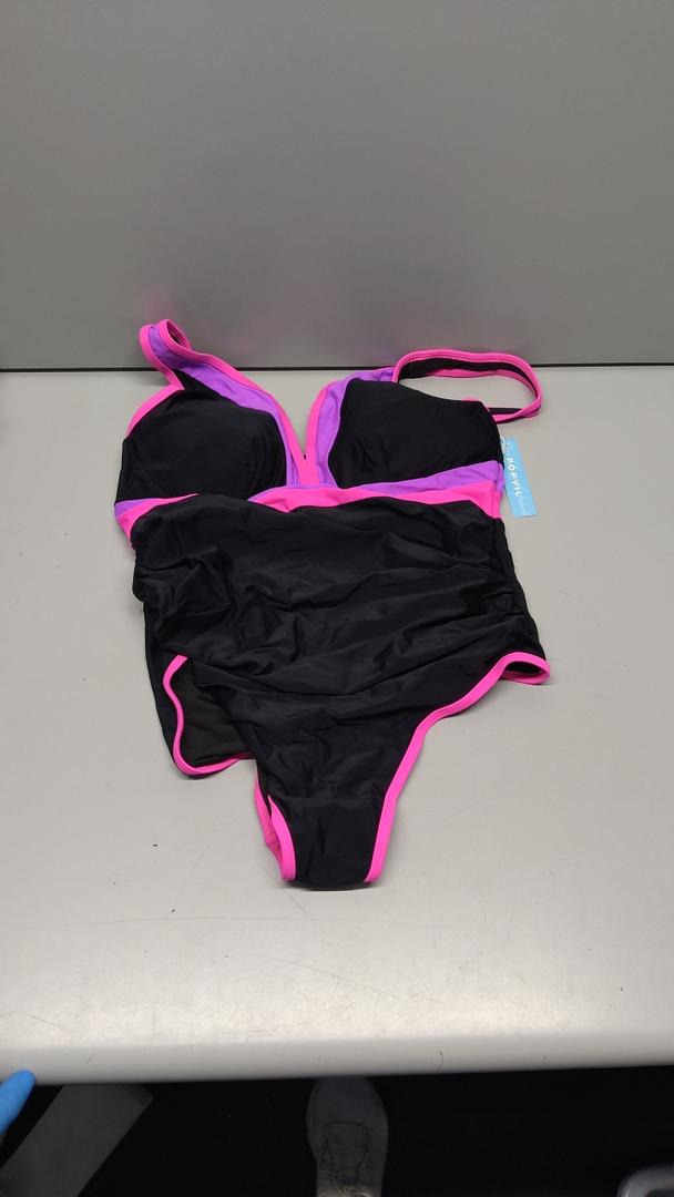 Popvil Pink, Black & Purple One Piece Swimsuit Large