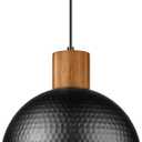 ELYONA 12" Hammered Metal Pendant Light, Rubber Wood Dome Hanging Lamp, Modern Pendant Light Fixtures for Kitchen Island, Bar, Farmhouse Dining Room, Bedroom, Hallway - Black