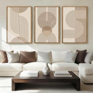 Anyzal Large Abstract Wall Art Framed,Boho Wall Art Geometric Line,Modern Mid Century Artwork Minimalist,Beige Neutral Painting Boho Abstract for Home Living Room Bedroom Office 24''x36'' Set of 3