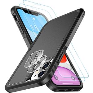 SPIDERCASE Shockproof for iPhone 11 Case,[10 FT Military Grade Drop Protection],with 2 pcs[Tempered Glass Screen Protector+Camera Lens Protector] Heavy Duty Full-Body Protective Phone Case, Black