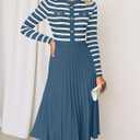 ZESICA Womens Long Sleeve Striped Midi Dresses Crewneck Button Ribbed Knit Pleated A Line Swing Sweater Dress (M)
