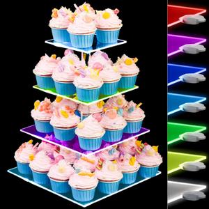 Cupcake Stand with Rechargeable Light - 4 Tiered Cupcake Tower Tree - Clear Cupcake Holder for 52 Cupcakes - Led Dessert Pastry Display Stand for Parties, Celebrations, and Events