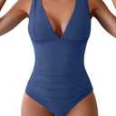Eomenie One Piece Swimsuit for Women Tummy Control Plunge V Neck Bathing Suit Slimming Wide Straps Swimwear ,Blue , Size M