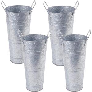 ZOOFOX Set of 4 Galvanized Metal Vases, 9" Farmhouse French Bucket with Handles, Rustic Style Metal Flower Holder for Home and Wedding Table Centerpiece Decor, with Plastic Liner/Insert Included