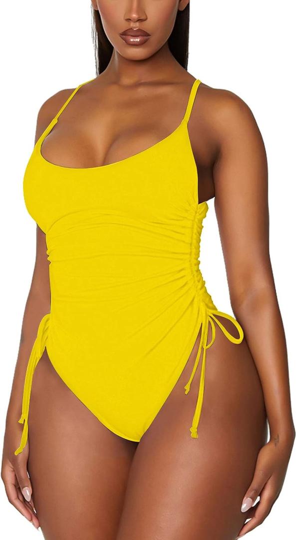 Viottiset Women's Ruched High Cut One Piece Swimsuit Tummy Control Bathing Suit Monokini (Large, Yellow)