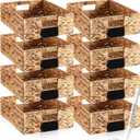Nitial 8 Pcs 16 x 12 x 5 Inch Wicker Storage Basket, Rectangular Water Hyacinth Storage Baskets for Shelving, Foldable Woven Pantry Organizer with Chalkboard Label and Chalk Marker (Classic Color)