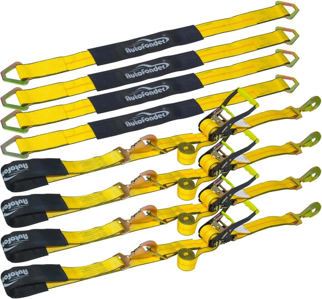 4 Pack 2” Heavy Duty Car Ratchet Tie Down Kit with Snap Hooks-Break Strength 10, 000lbs-Working Load 3, 333lbs-Includes 36” Axle Straps with D-Ring(Yellow)