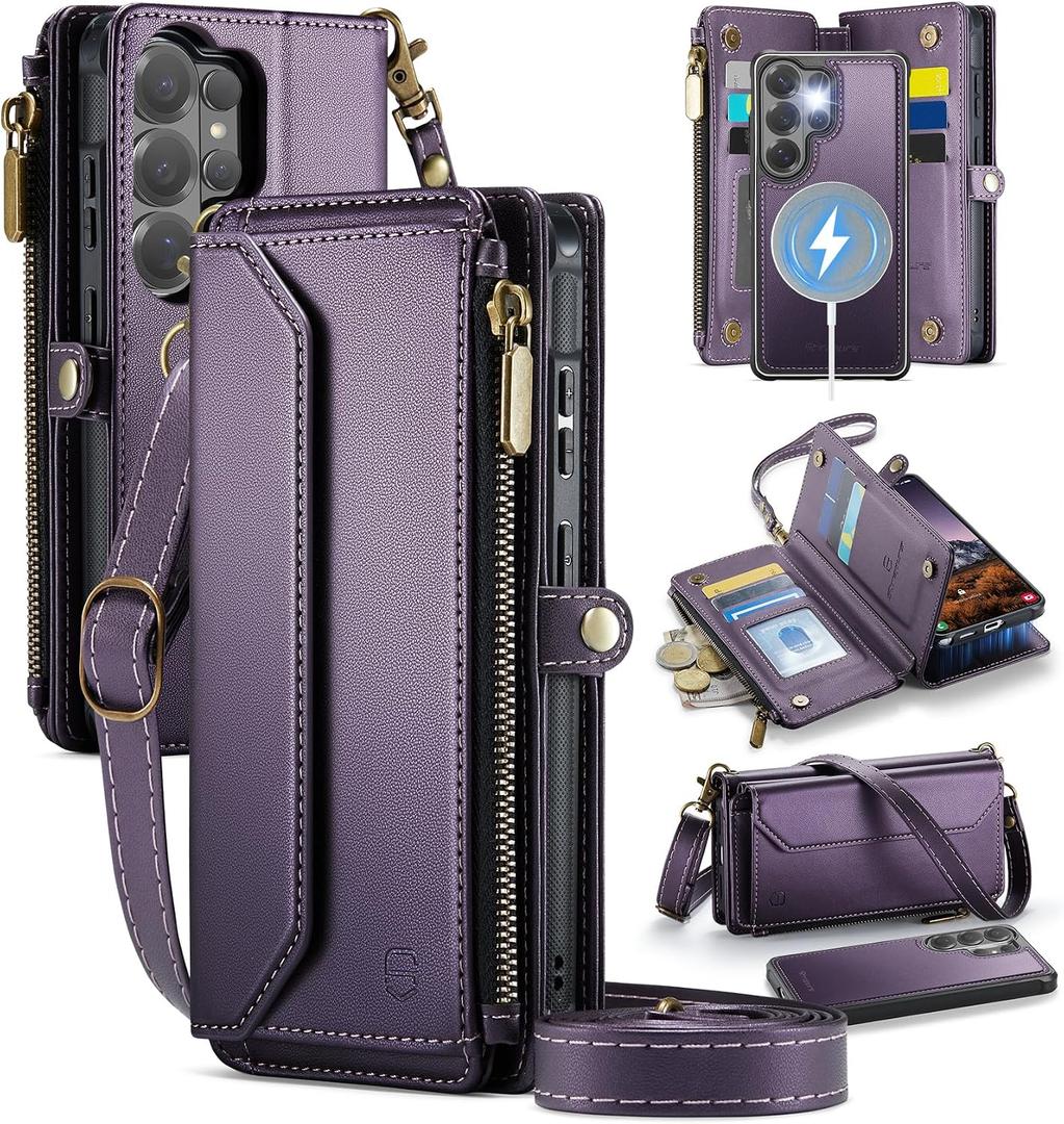 Strapurs for Samsung Glaxy S26 Ultra Detachable Wallet Case Compatible with Magsafe, RFID Blocking 9-Card Holder Zipper Strap Lanyard PU Leather Magnetic Phone Case for Galaxy S26 Ultra 6.9", Purple