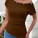 SHEWIN Women Tops Summer Short Sleeve Shirts Dressy Casual Sexy Boat Neck Tshirt Trendy Date Night Off Shoulder Blouses 2026 Going Out Clothes Size L, Brown (Brown, L)
