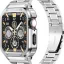 MioHHR Stainless Steel Watch Band with Case Compatible with Apple Watch Ultra3/2/1 Series 11 10 9 8 7 6 5 4 3 2 1 SE3/2/1, Metal Strap with Protective Cover for iWatch 49/46/45/44/42/41/40/38mm Men (Silver)