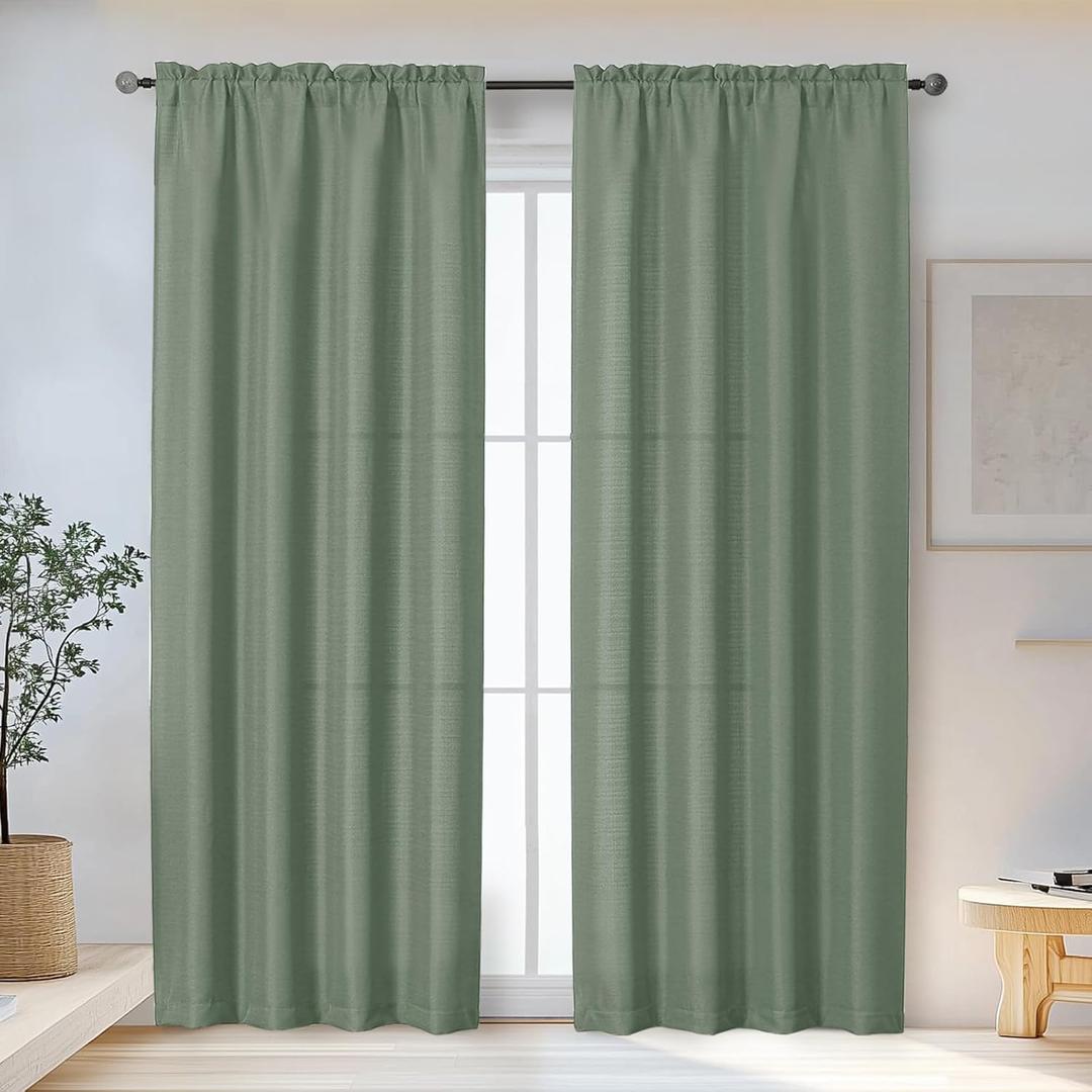 OWENIE Bob Green Curtains 84 Inches Long 2 Panels Set for Living Room Bedroom, Light Filtering Rod Pocket Faux Linen Textured Soft Elegant Curtain Drapes, 2 Pcs Each 40Wx84L Inch
