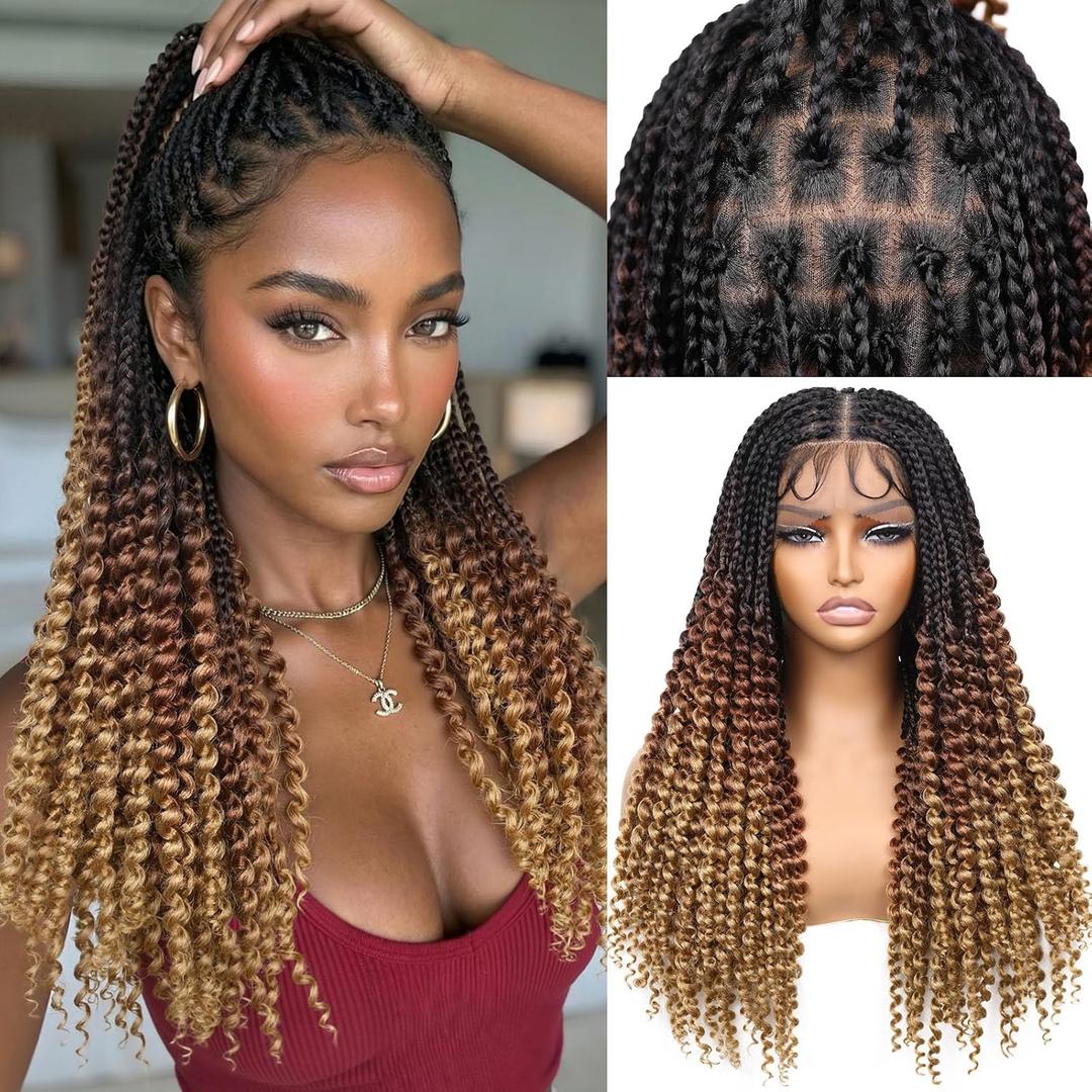 HANNE Braided Wigs for Black Women Double Full Lace Box Braided Wigs Synthetic Curly Glueless Braid Wig with Baby Hair 3D Curls Braided Wig 24 Inch (1B/30/27, Curly-24)