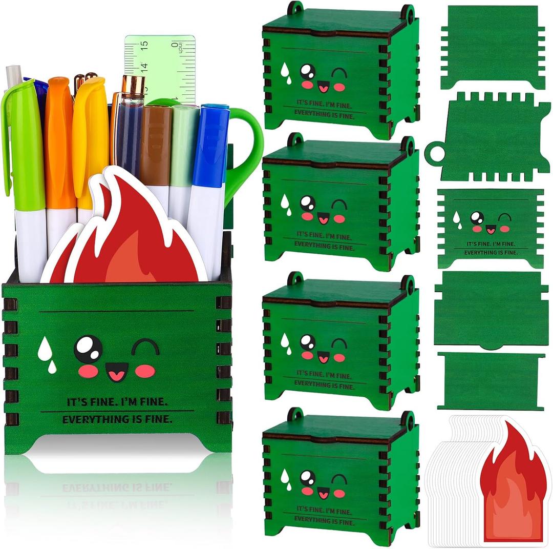 Dumpster Pencil Holders for Desk with Flame Note Cards Tiny Recycle Bin Pencil Holder Funny Office Desk Accessories Decor Ideal for Student Work and Office