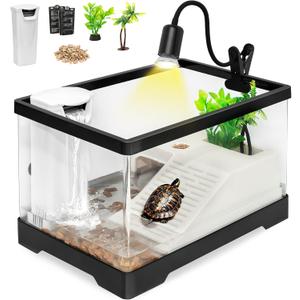 Large Turtle Tank Kit,All in One Red Eared Slider Aquarium,PC Aquatic for Baby Tortoise,Fishes and Amphibians, Includes Silent Filter,Filter Plates,UVB Lamp,Bulb,Plants,Stone,Basking Platform