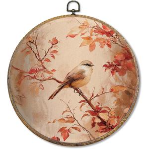Sufamb Farmhouse Fall Bird Round Wall Art Decor, Cottagecore Autumn Sparrow Canvas Artwork Framed, Rustic Fall Bird Wall Hanging Prints Decorations for Home Bedroom Living Room Decor, 10x10 Inches