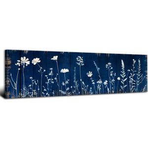 Navy Blue Botanical Wall Art Boho Flower Wall Decor Minimalist Wildflower Canvas Prints Vintage Farmhouse White Floral Painting Abstract Nature Plant Artwork for Bathroom Bedroom Decorations 14x48"