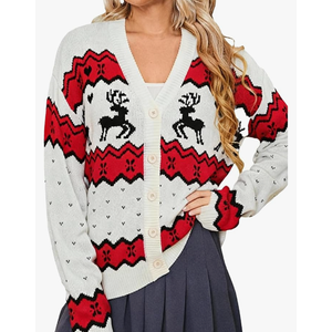 Simplee Womens Christmas Cardigan Casual Funny Reindeer Button Knit Open Front Cute Sweater for Holiday Party, L