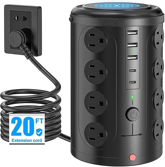 Power Strip Tower Surge Protector with 16 Outlets and 5 USB Ports (2 USB-C), 20FT Extension Cord with Multiple Outlets, Heavy Duty Charging Station, Home Office Dorm Room Essentials. No Wireless Charging