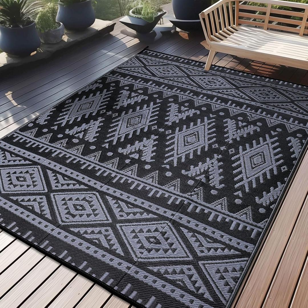 OLANLY Outdoor Rug Waterproof 6x9 ft, Reversible Outdoor Plastic Straw Rug, Boho Patio Rug, Indoor Outdoor Carpet, RV Mat Outside for Patio, Camp, Picnic, Balcony, Deck, Backyard, Black & Grey OLANLY Outdoor Rug Waterproof 6x9 ft, Reversible Outdoor Plastic Straw Rug, Boho Patio Rug, Indoor Outdoor Carpet, RV Mat Outside for Patio, Camp, Picnic, Balcony, Deck, Backyard, Black & Grey
