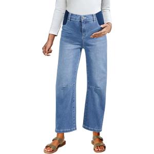 BLENCOT Women's Maternity Jeans Elastic Hight Waist Stretch Barrel Jeans Wide Leg Side Panel Pregnancy Denim Pants, Large
