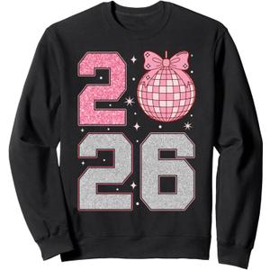 Happy New Year 2026 Disco Ball Pink Coquette Bow Family Sweatshirt Small