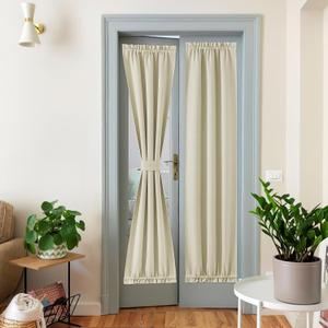 NICETOWN Faux Linen Door Curtains - Thermal Insulated Blackout Front French Window Door Curtain Panel with Tieback for Living Room/Classroom (25 x 72 in, Beige, 1 Panel)