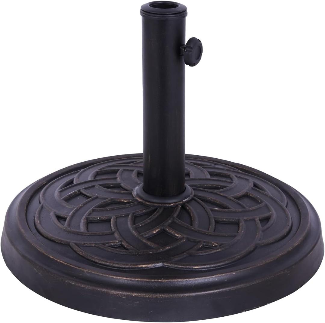Backyard Expressions Round Patio Umbrella Base  Heavy Duty Resin-Coated Calcium Carbonate Stand with Adjustable Pole Adapters Fits 1.5"2" Poles, Weather-Resistant