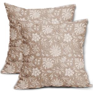 Light Brown Floral Pillow Covers 18x18 Set of 2 Cream Vintage Flower Block Print Pattern Decorative Throw Pillows Farmhouse Outdoor Rustic Square Cushion Cases Decor for Home Sofa Bed Couch