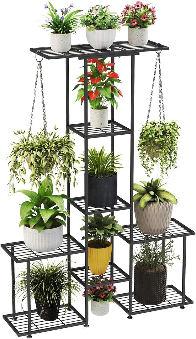 Plant Stand Indoor Outdoor, Metal 6 Tier Tall Hanging Plant Shelf for Multiple Flower Planter Large Heavy Duty Ladder Plant Holder for Garden, Black (y-201)