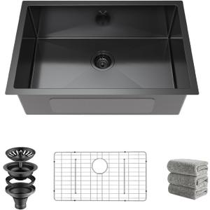Kitchen Sink 27x18 Inch Undermount Kitchen Sink Gunmetal Black 16 Gauge Stainless Steel Single Bowl with Accessories Round Corners Handmade