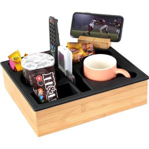 Couch Cup Holder Tray, Hitseon Silicone Bamboo Couch Caddy with Rotatable Phone Holder for Bed Car Seat Organizer, Waterproof Anti-Spill Couch Drink Holder for Snacks Beverage Remote (Black)