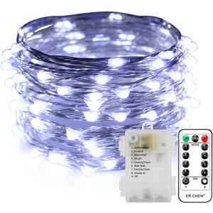 ErChen Battery Operated Silver Copper Wire Led String Lights, 33FT 100 LEDs 8 Modes dimmable Waterproof Fairy Lights with Remote Control Timer for Indoor Outdoor Wedding Bedroom (White)