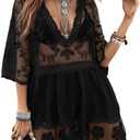 Eomenie Women's Contrast Lace Bathing Suit Cover Up V-Neck Swimsuit Coverups Loose Swimwear Beach Dress Beachwear M