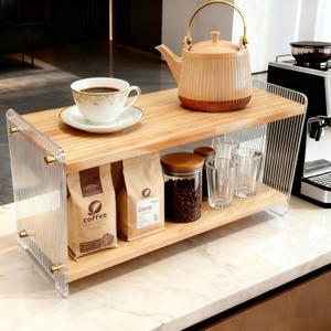 Coffee Station Organizer 2 Tier, Solid Wood Mug Shelffor Coffee Bar,Matcha Station,Tea Storage - Holds Mugs,Beans,Syrup,Cups,Tirrers (Solid Pine Wood Color, 15.4" L x 5.7" W x 8.2" H)